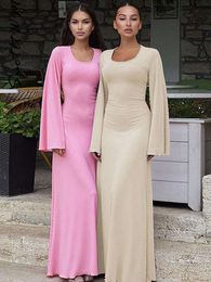 Women Solid Waist Dress Sexy U neck Back Lace Up Long Sleeve Maxi Dresses Fashion Female High Street Commute Vestidos