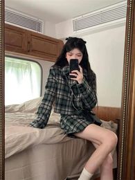 Work Dresses College Vintage Green Plaid Skirt Suits Autumn Winter Irregular Quilted Short Blazer A-Line Mini Women'S Two-Piece Sets