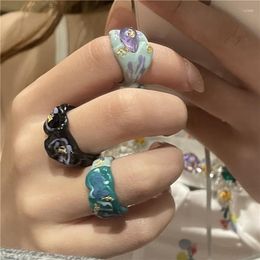 Cluster Rings Korean Fashion Dripping Oil Painted Plant Flower Pattern Ring With Colourful Gold Foil Niche Design Open For Women Jewellery