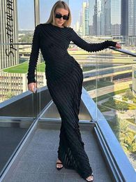 Sexy Solid Pleated Dress for Women Round Neck Long Sleeve High Waist Slim Maxi Dresses Fashion Female Commute Street Robes