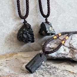 Pendant Necklaces Healing Natural Irregular Black Tourmaline Stone Necklace Men Mineral Rock Cylinder Rough Personality Jewellery