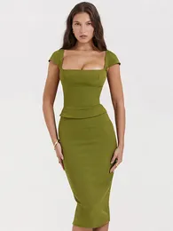 Work Dresses Mozision Green Sexy Women Two Piece Set Square Collar Short Sleeve Tops And Midi Skirt Matching Sets Ladies Bodycon Party