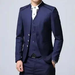 Men's Suits Single Costume Stand Up Collar Suit 3 Piece Set Wedding Party Dress Plus Size Blazer Coat Pants Vest Black Blue Red