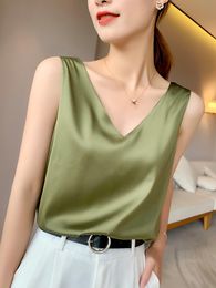 Camisoles Tanks Ice Silk Camisole Women's Vneck Tops Vest White Satin Mulberry Summer Crop Blouse vest 230421