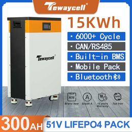 51.2V 300Ah 15KWh Powerwall Bluetooth LiFePO4 Battery Pack 6000Cycles Buitl-in BMS CAN RS485 RS232 Monitor Solar EU US Tax Free