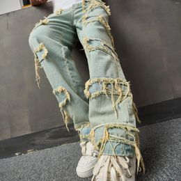 Men's Jeans Stylish Kpop Ripped Patched Loosen Fit Pants Male Casual Staight Denim Trousers