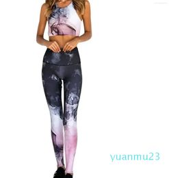 Yoga Outfits Women Hollow Printing Vest Leggings Set Elastic Fitness Sport Tank Top Pant Ladies Running Suit Female Clothing