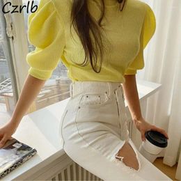 Women's T Shirts Puff Sleeve T-shirts Women Trendy Solid O-neck Leisure Summer Fashion Elegant Cosy Knitted Ladies Tops Minimalist Students