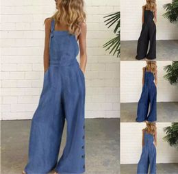 Women's Jumpsuits Rompers Women Spring Summer Loose Linen Jumpsuits Sleeveless Bib Overalls Siamese Button Wide leg Pants Long Trousers Plus Size 5XL 230422