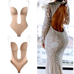 Women's Shapers AfruliA Bodysuits Deep V Full Body Shaper Backless U Plunge Thong Waist Trainer Women Dress Underwear Padded Bra Push Up