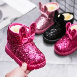 Boots Girls boots winter fashion sequin snow anti slip and warm childrens shoes plush cotton princess ankle 231122