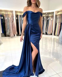 Navy Blue Mermaid Evening Dresses for Women Off Shoulder Satin High Side Split Formal Occasions Wear Birthday Celebrity Pageant Party Prom Second Reception Gowns