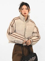 Women's Trench Coats ADAgirl American Retro Striped Parkas Women Puffer Jacket Female Hip Hop Stand Collar Zipper Cropped Winter Coat Korean