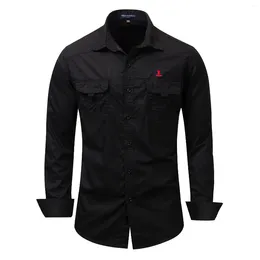 Men's Casual Shirts Male Shirt 2023 Cotton Military Long Sleeves Pocket Men Solid Colour European Size Black White