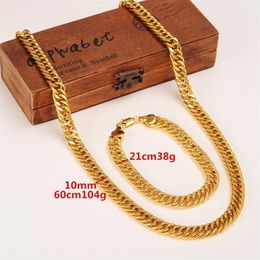 Mens Miami Cuban Curb Chain Real 24k Solid Gold GF Hip Hop 10MM Thick Necklace Bracelet Jewelry Sets206U