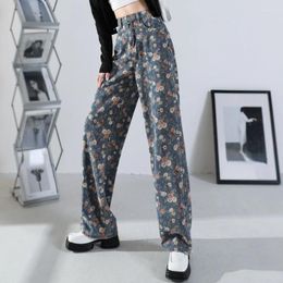 Women's Jeans Fashion Vintage Flower Print High Waist Pockets Pantalones Spring Autumn Casual Loose All Match Women Clothes Oversized