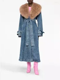 Women's Trench Coats Removable Eco-friendly Fur Collar Coat Washed Antique Blue Large Silhouette Long Denim 2023 Fall And Winter