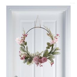 Decorative Flowers Spring Wreath Metal Hoop With Greenery And Chrysanthemum 41cm/16inch Round Door Hanger For Summer Home