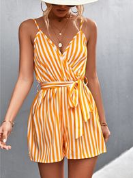 Women's Jumpsuits Rompers Stripe Sleeveless Playsuit Summer Jumpsuit Women Casual Jumpsuit Loose V-Neck Summer Romper Shorts Beach Playsuit Female Outfits 230422