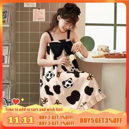 Women's Sleepwear Summer Fashion Night Gown Knitted Cotton Bow Decoration Slip Dress Cartoon Bear Printing For Young Girls