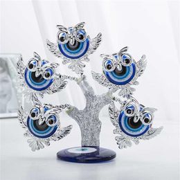 H&D Blue Evil Eye Tree Feng Shui Owl Decorative Collectible Housewarming Gift Showpiece for Protection Good Luck & Prosperity 2109260M