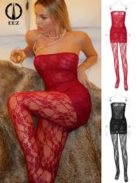 Casual Dresses Sexy Red Lace See Through Wrap Chest Mini Dress With Leggings Matching Set Women Stockings Suit Party Coquette Jumpsuits