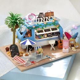 Doll House Accessories DIY Mini Car Ocean Shop Casa Wooden Doll House Miniature Building Kits Dollhouse With Furniture Lights Toys for Girls Gifts 230422