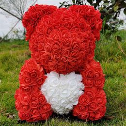 Rose Bear 40cm Pink Teddy Rose Bear With Love Heart Artificial Flower Decoration Valentines Day Gift Y12162767