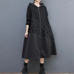 Women's Trench Coats #7041 Black Hooded Coat For Women Loose Split Joint A-line Overcoat Zipper Flower Windbreaker Spring Autumn