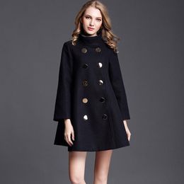 Women's Wool & Blends Coat Women Double Breasted Black Woolen Cape Winter Warm Blend Elegant Outwear Overcoat 2023 Arrival