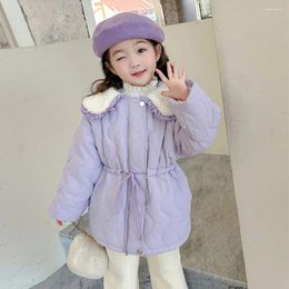 Down Coat Kids Girls Cute Cotton Ruched Lapel Collar Long Sleeve A-Line Padded Jacket 2-8Y Children Winter Fashion Solid Outerwears