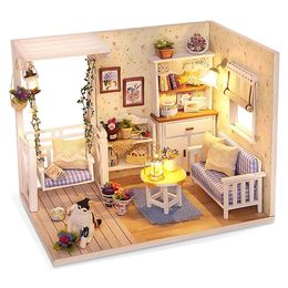 Doll House Accessories DIY Mini Wooden Doll House Miniature Building Kits Dollhouse With Furniture Lights Toys for Girls Gifts 230422