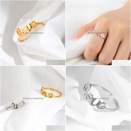 Band Rings Sier Gold Love Letters Ring Stainless Steel Knuckle For Women Men Friend Couple Jewellery Drop Delivery Dhvur