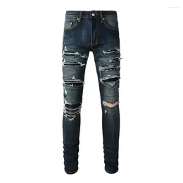 Men's Jeans Deep Blue High Quality Street Fashion Distressed Stretch Slim Fit Damaged Holes Leather Ribs Patches Skinny Ripped