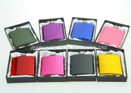 Colour coated 6oz stainless steel hip flask in black gift box packing white silk lined Personalised logo free ZZ