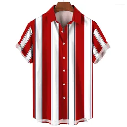 Men's Casual Shirts Summer Stripes Shirt Hawaiian Print Short Sleeve Beachwear Vacation Fashion Social Lapel Button Oversized Clothing
