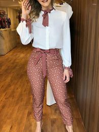 Women's Two Piece Pants Tied Detail Top & Polka Dot Print Set Casual Women Outfits Office Workwear