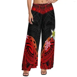 Women's Pants Spring Summer Comfort Oversize Cropped Polynesian Tribal Black Background With Maroon Plumeria Prints Custom Wide Leg Pant