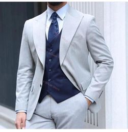 Men's Suits Light Grey Coat Pants Navy Blue Vest Man Suit Elegant Set Luxury Clothing Designer Boyfriend Male Blazer Wedding Ceremony Dress