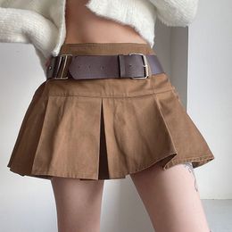 Skirts HOUZHOU Vintage Belt Pleated Mini Skirt Women Sexy Y2k High Waist A-line Short Skirt Casual Preppy Style Kpop Streetwear Summer 230422
