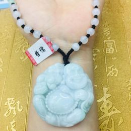 Pendant Necklaces Natural JADESt Carved Large Round Happy Buddha With Tri-Color Bead Necklace Ladies Chain