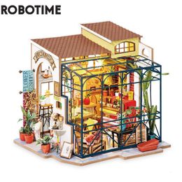 Doll House Accessories Robotime Rolife DIY Emily's Flower Shop Doll House with Furniture Children Adult Miniature Dollhouse Wooden Kits Toy DG145 230422