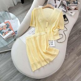 Work Dresses Fashion Ladies Yellow Knitted Two Piece Set Summer Women V Neck Single Breasted Hollow Out Cardigan Tops Mini Skirts Suits