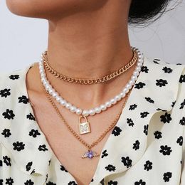 Pendant Necklaces Multilayer Imitation Pearl Thick Chains Heart Wing Lock Necklace Women Vintage Geometric Clavicle Jewelry