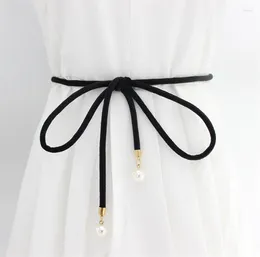 Belts Fashion Women Tassel Knot Belt Vintage Pearl Waist Rope Fringed Waistband Girdle For Dress Female Thin Srting Femee Black