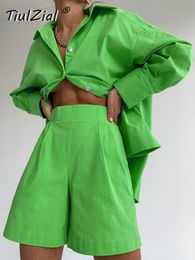 Women's Tracksuits TiulZial Casual Women Short Set Tracksuit Loungewear Two Piece Women Outfits Oversized Long Shirt And High Waist Shorts Green 230421