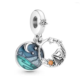 Loose Gemstones Authentic 925 Sterling Silver Bead Camping Night Sky Double Dangle Charm Fit Women Bracelet Bangle Gift DIY Jewelry