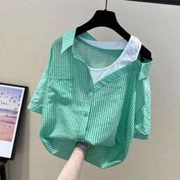 Women's Blouses Off The Shoulder Green Striped Shirt Blusas Mujer Short Sleeve Chiffon Casual For Women Fashion Crop Top Summer Shirts