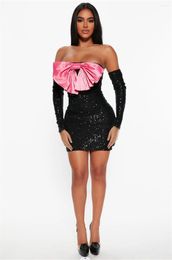 Casual Dresses Women Off-Shoulder Party Dress 2023 In Black Sequined Bowknot Backless Short Luxury Formal Occasion