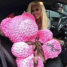 Drop 40cm Rose Bears in Box 25cm Bear of Roses Ribbon Rose Teddy Bear Valentine Mothers Day Gift for Women Whole Y1212857